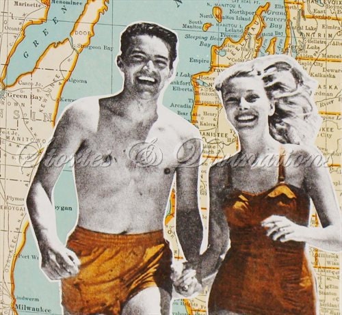 Michigan Beaches - Vintage Map Collage Card - Love -  Handmade Vintage Michigan Map Collage Card for Those Who Love Michigan in the Summer
