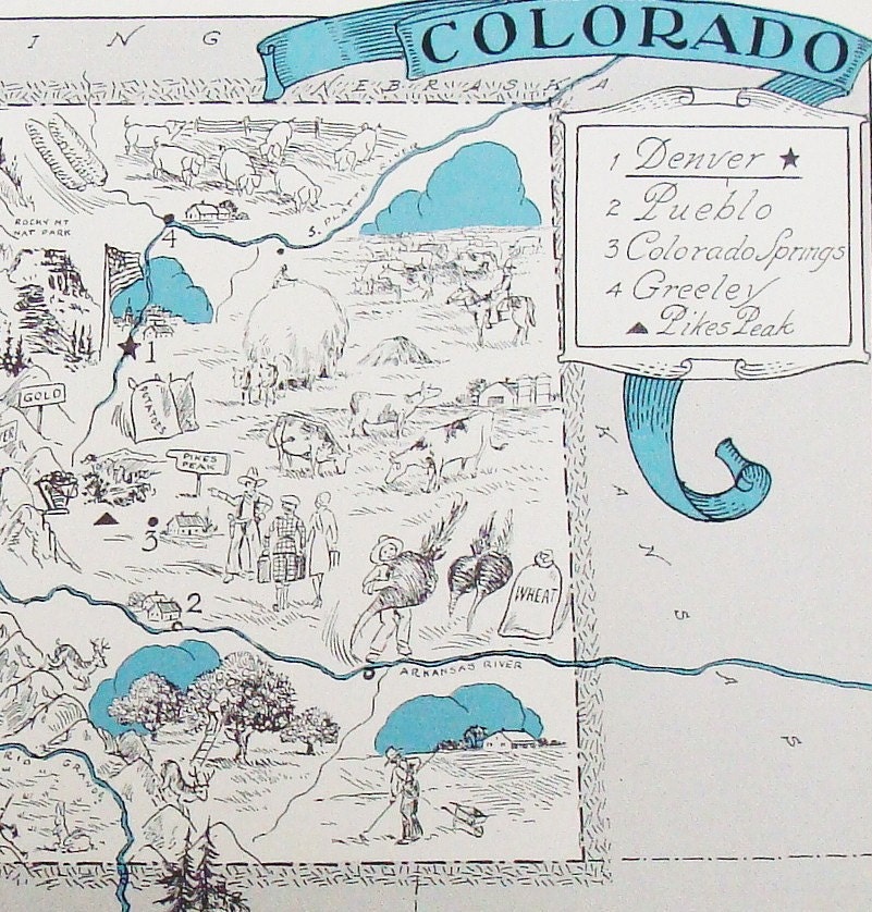 Colorado Map - Vintage Map - A Fun and Funky Little 1930s American Vintage Picture Map to Frame