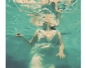 Underwater Photography, Dive, 5x5 Print, Teal, Blue, Female Figure, Woman Swimming, Teal Blue, Haunting Portrait