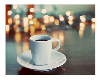 Still Life Photography, 8x10 Print, Espresso, Coffee Photograph, Cup, Lights, Neutral Colors, Teal,Cafe Decor