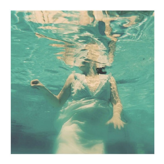 Underwater Photography, Dive, 5x5 Print, Teal, Blue, Female Figure, Woman Swimming, Teal Blue, Haunting Portrait