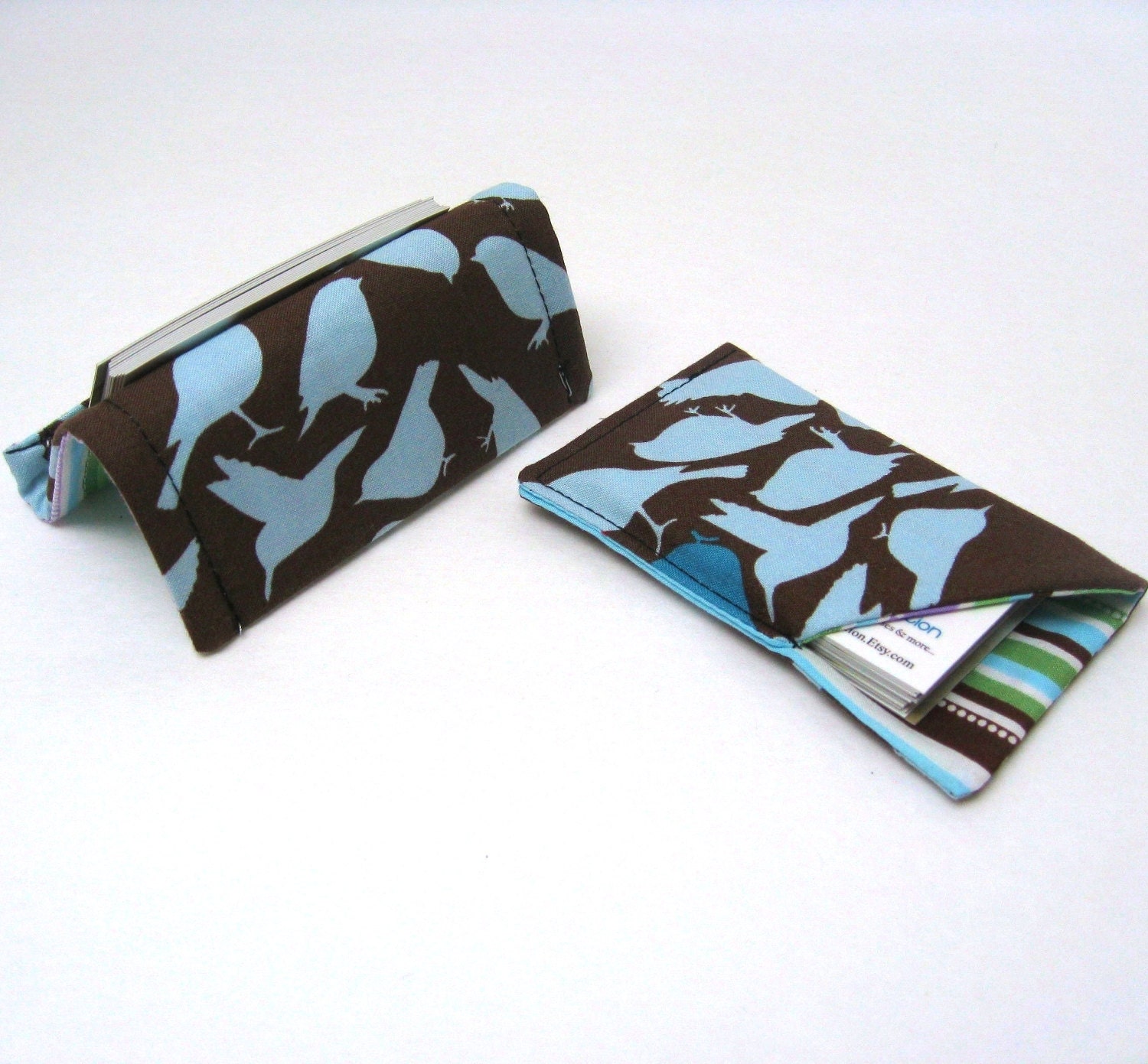 Fabric Business Card Holder and Stand Reversible Blue Birds and Stripes on Brown