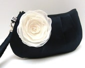 Bridal Bridesmaid Clutch Purse Wristlet  Black Satin with Ivory Flower Brooch