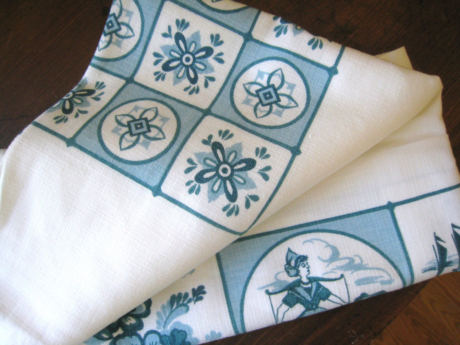 Dutch Holland Tablecloth Windmills Boats Wooden Shoes Blue on White Vintage Circa 1960 Table Cover Rectangle