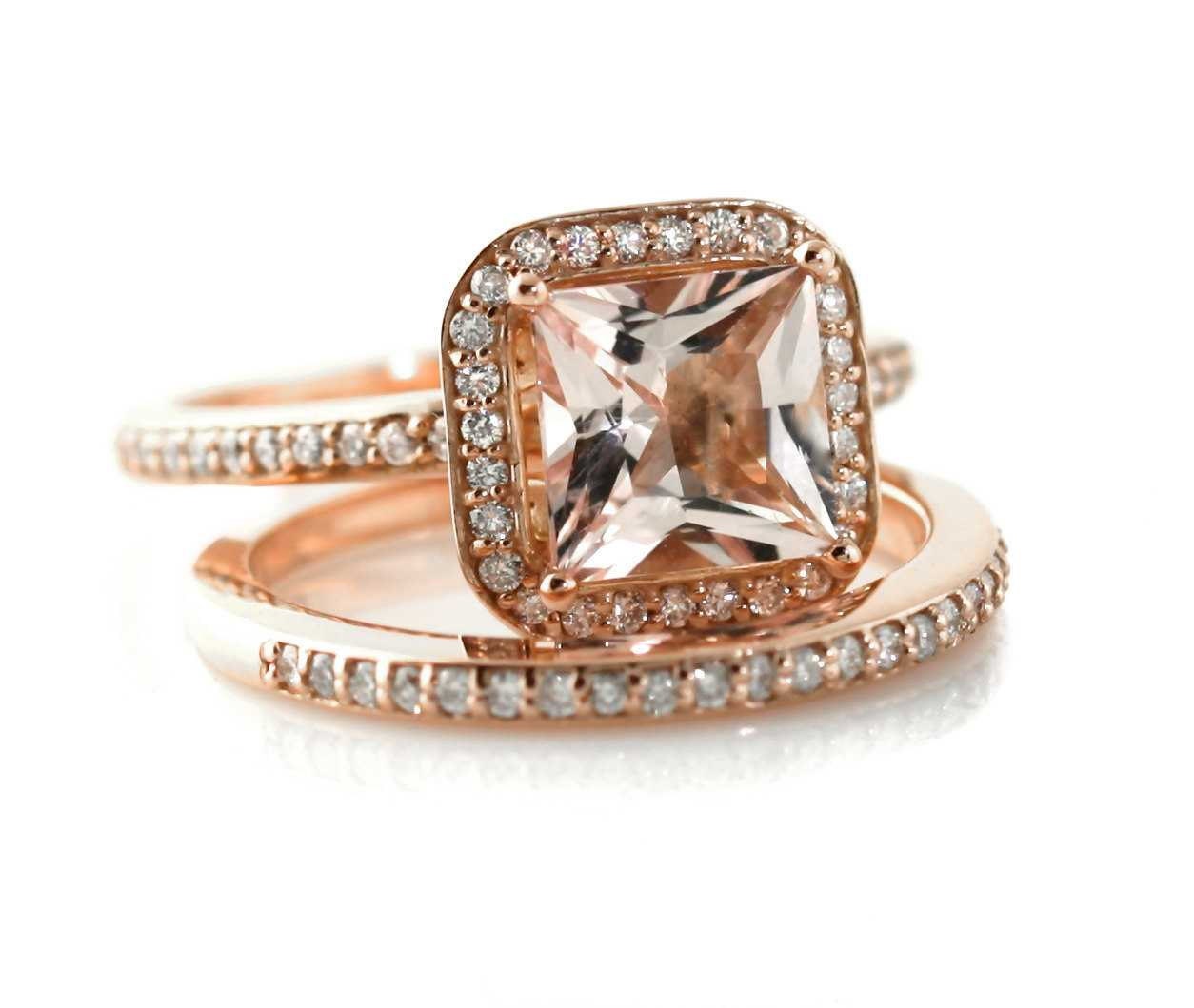 14K Rose Gold Morganite Wedding Set Engagement Ring & Wedding Band Princess Diamond Halo Morganite Ring Custom Bridal Jewelry