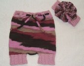 Wool Shortie Hand Knit Size Large Pink Camo Diaper Cover and Headband