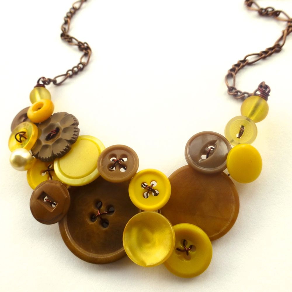 Chunky Honey and Yellow Vintage Button Statement Necklace