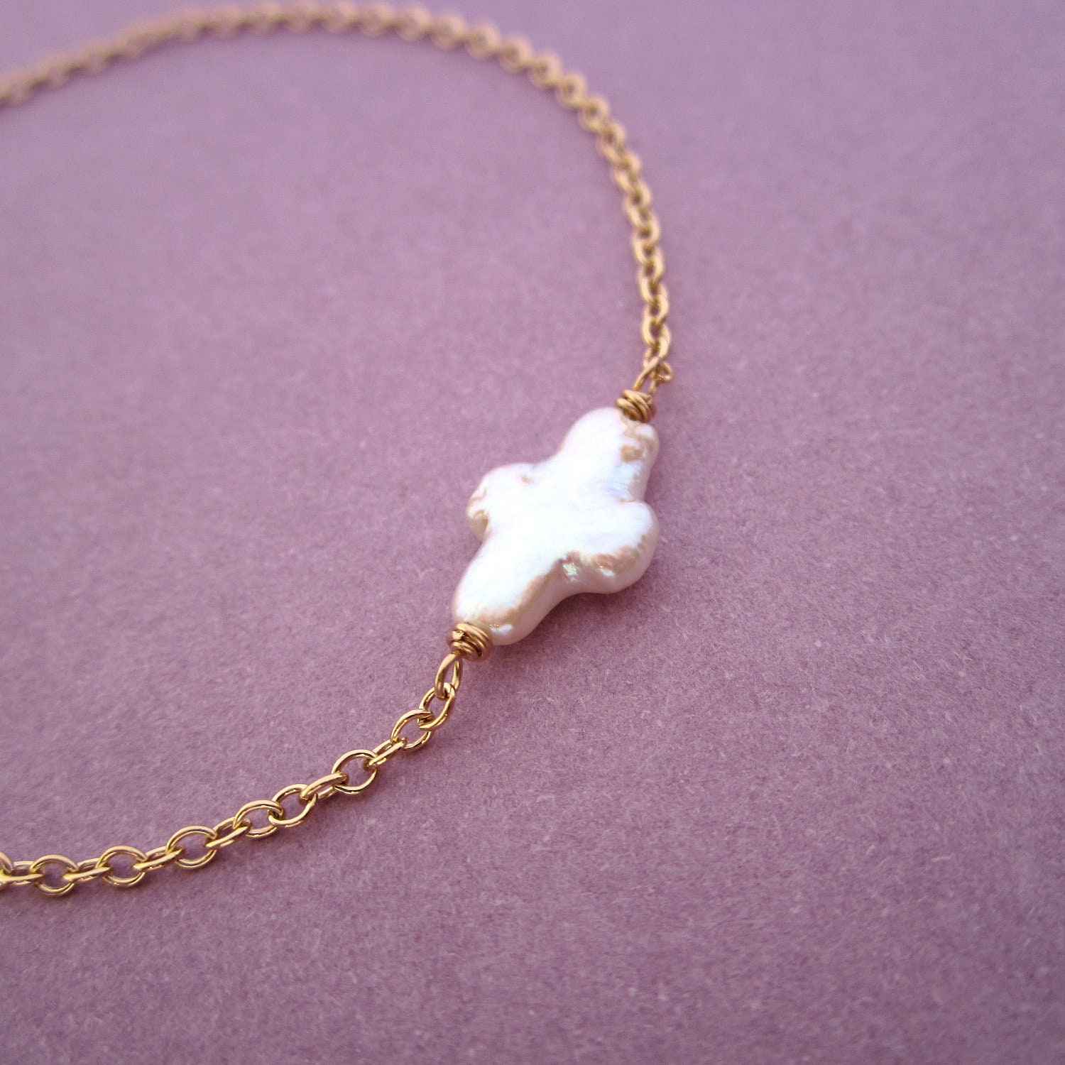 Pearl bracelet, sideways cross bracelet, freshwater pearl on 14K gold filled chain, cross shaped pearl, delicate jewelry