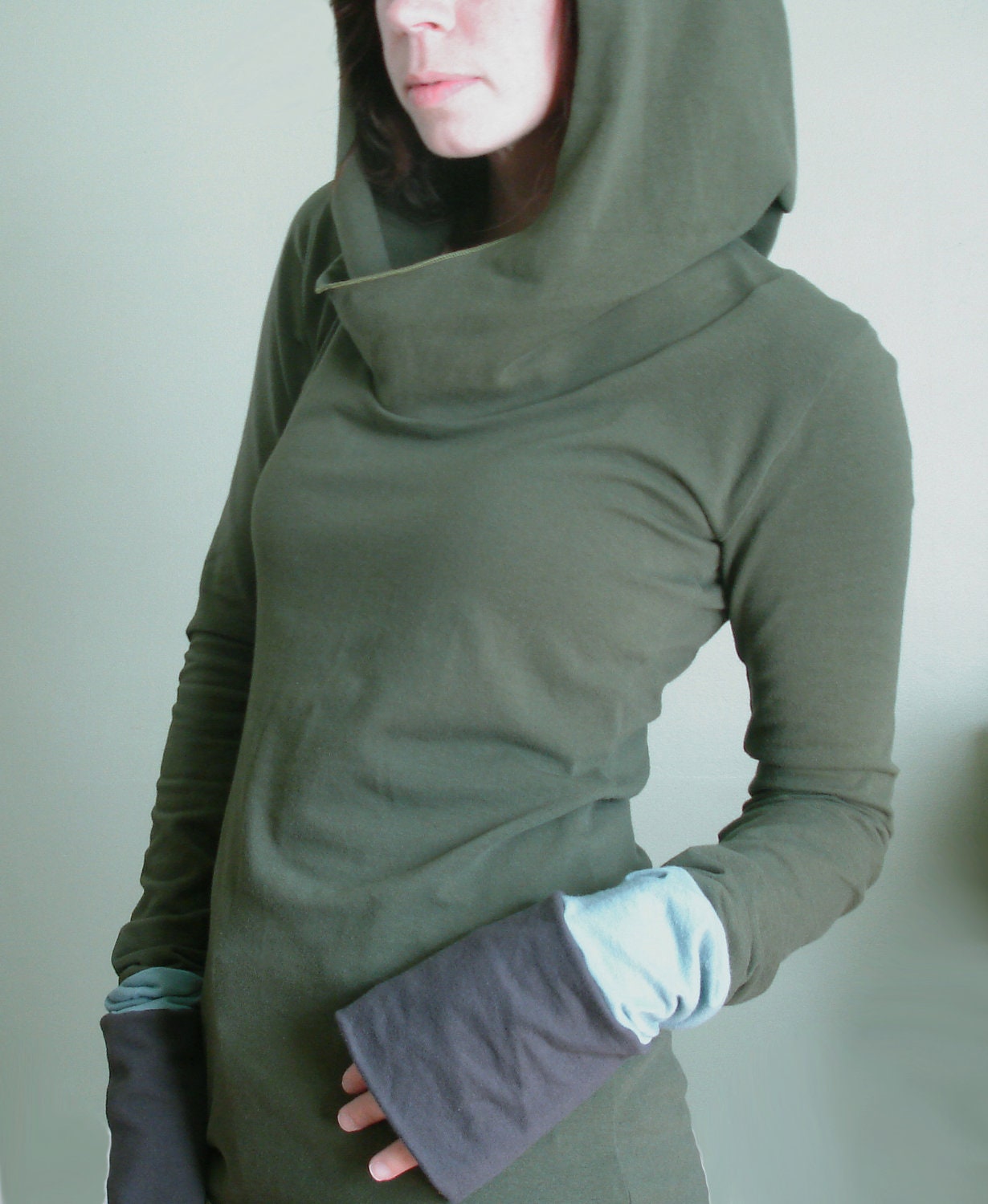 hooded top with extra long sleeves Olive/Cement Grey/Light Smoky Teal