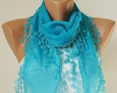 Lace Scarf, SEA Blue...Cotton Scarf..Chunky Scarf, Headband, Flower Lace