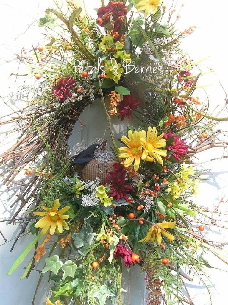 Rustic Country Fall, primitive pumpkin Floral Door wreath Arrangement