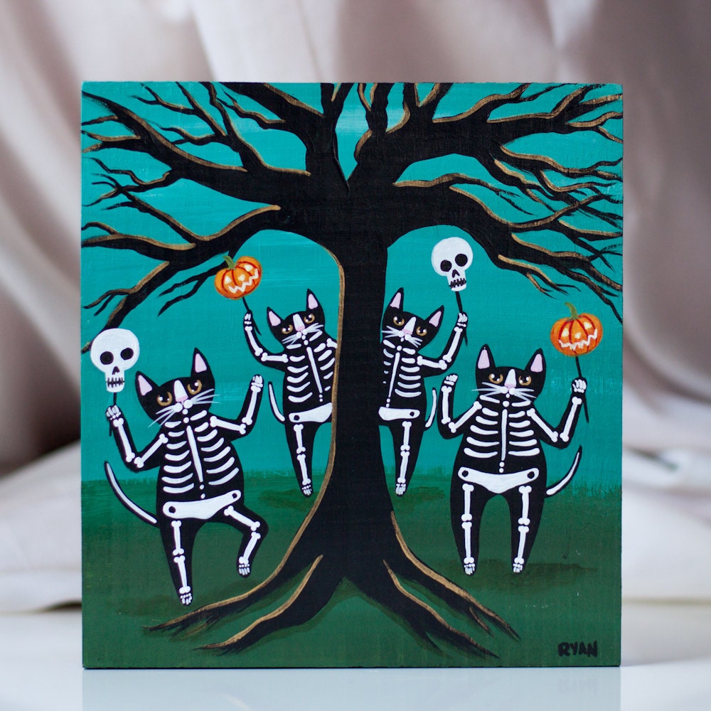 Celebration of Halloween Skeleton Cats Original Folk Art Painting