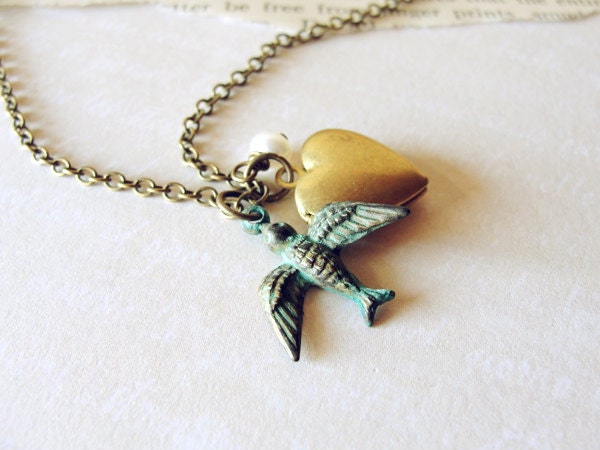 Vintage Heart Locket and Swallow Bird Necklace.