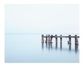 Seascape Photography - Minimalist, Landscape, Calm, Light Blue Water, Old Wood Dock, Posts, Lake Ontario, Hamilton - Mystic Port 8x10