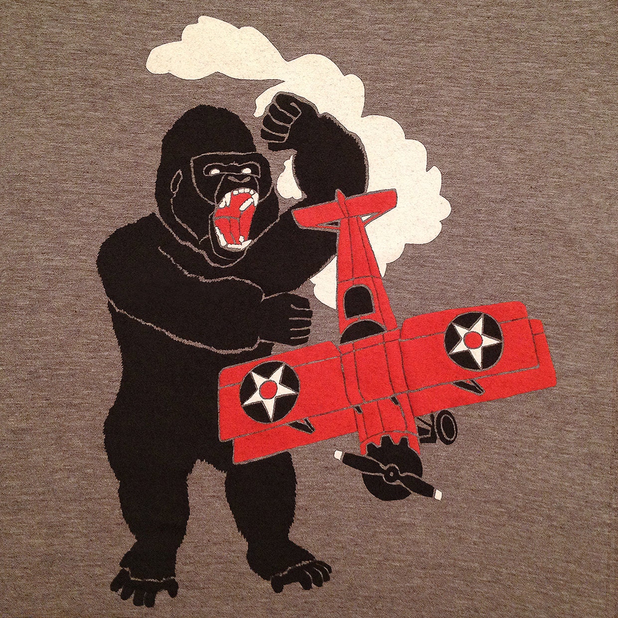 Gorilla vs Bi-Plane - Unisex Mens T-Shirt Tee Shirt Awesome King Kong Geek SciFi New York Monster Red Vintage Airplane Retro Coffee Tshirt