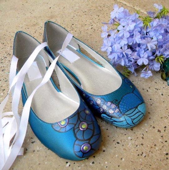 Wedding Shoes Ballerina Flats peacocks gold and cobalt TEAL