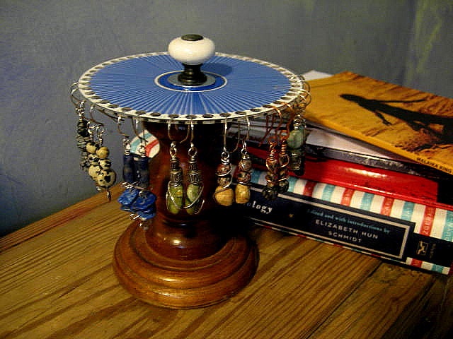 vintage retro look blue earring holder jewelry organizer repurposed