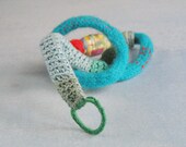 Fiber art  necklace - crochet choker  - textile jewelry -  vibrant aqua Blue emerald  red