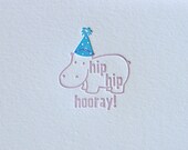 Letterpress Hip Hip Hooray Happy Birthday or Congratulations Hippo card, Matching Envelope, Deep impression