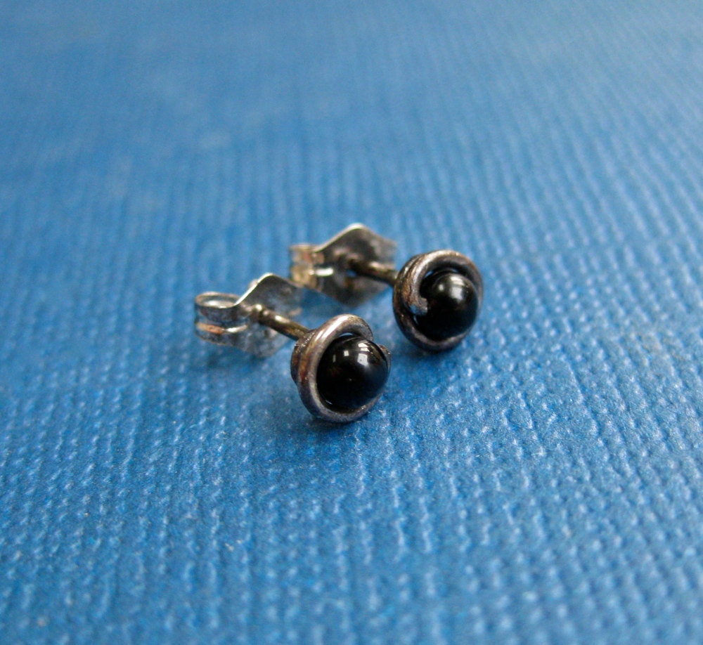 Tiny Black Onyx Stud Earrings, Mens Post Earrings