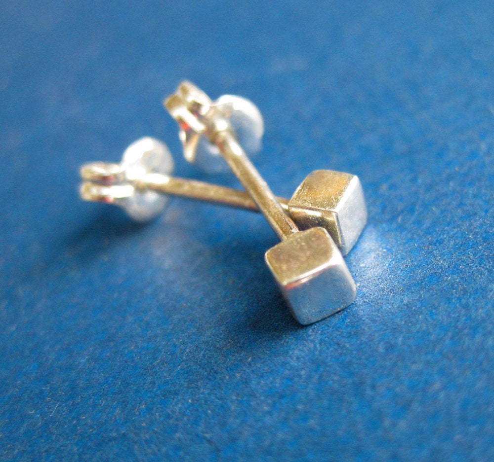Tiny Silver Square Studs - Geometric Earrings, Cube Post Earrings, Mens Studs or Unisex Studs, Cube Studs