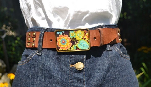 The Norma Belt - Leather Belt with Turquoise, Lime and Orange Flower Buckle