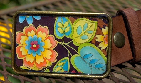 The Norma Belt - Leather Belt with Turquoise, Lime and Orange Flower Buckle
