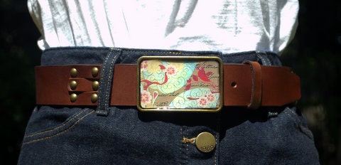 The Tippi Belt - Delicate Bird with Red, Cream and Blue with Brown Leather Belt