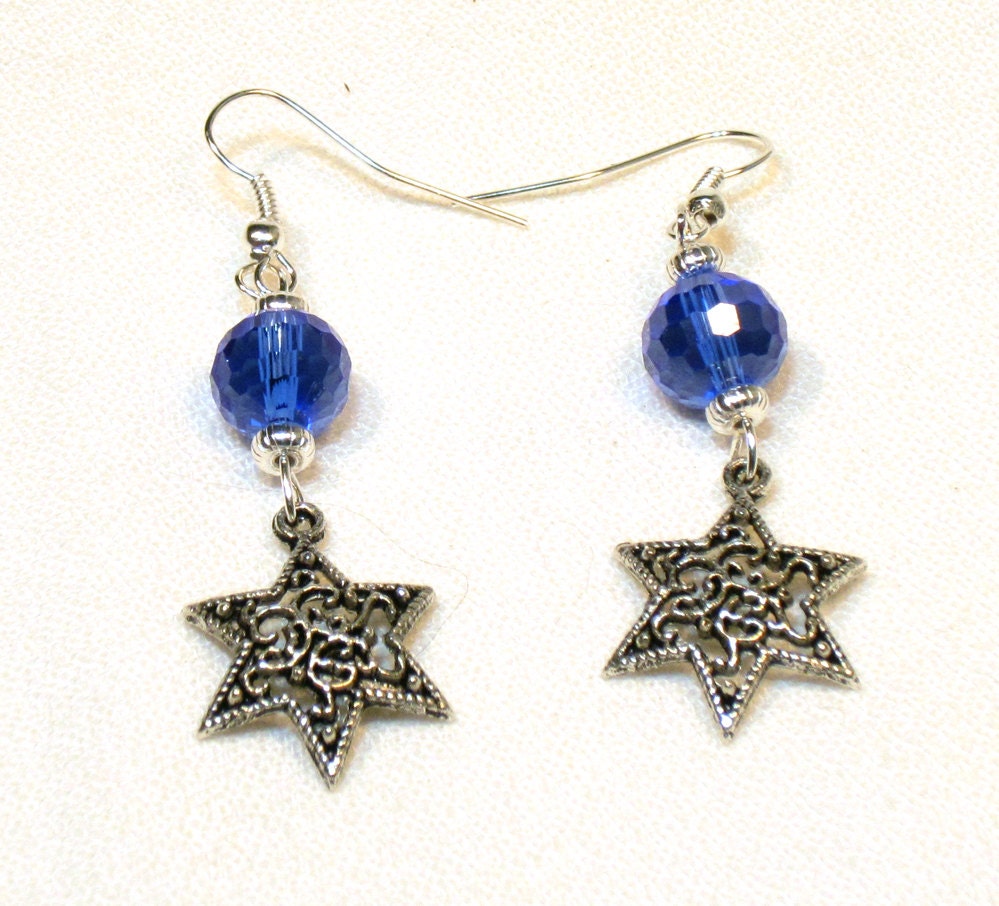 Blue Beaded Filigree Jewish Star Earrings
