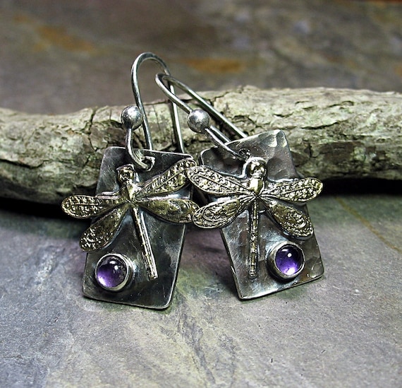 Dragonfly Earrings with Amethyst - Amethyst Moon
