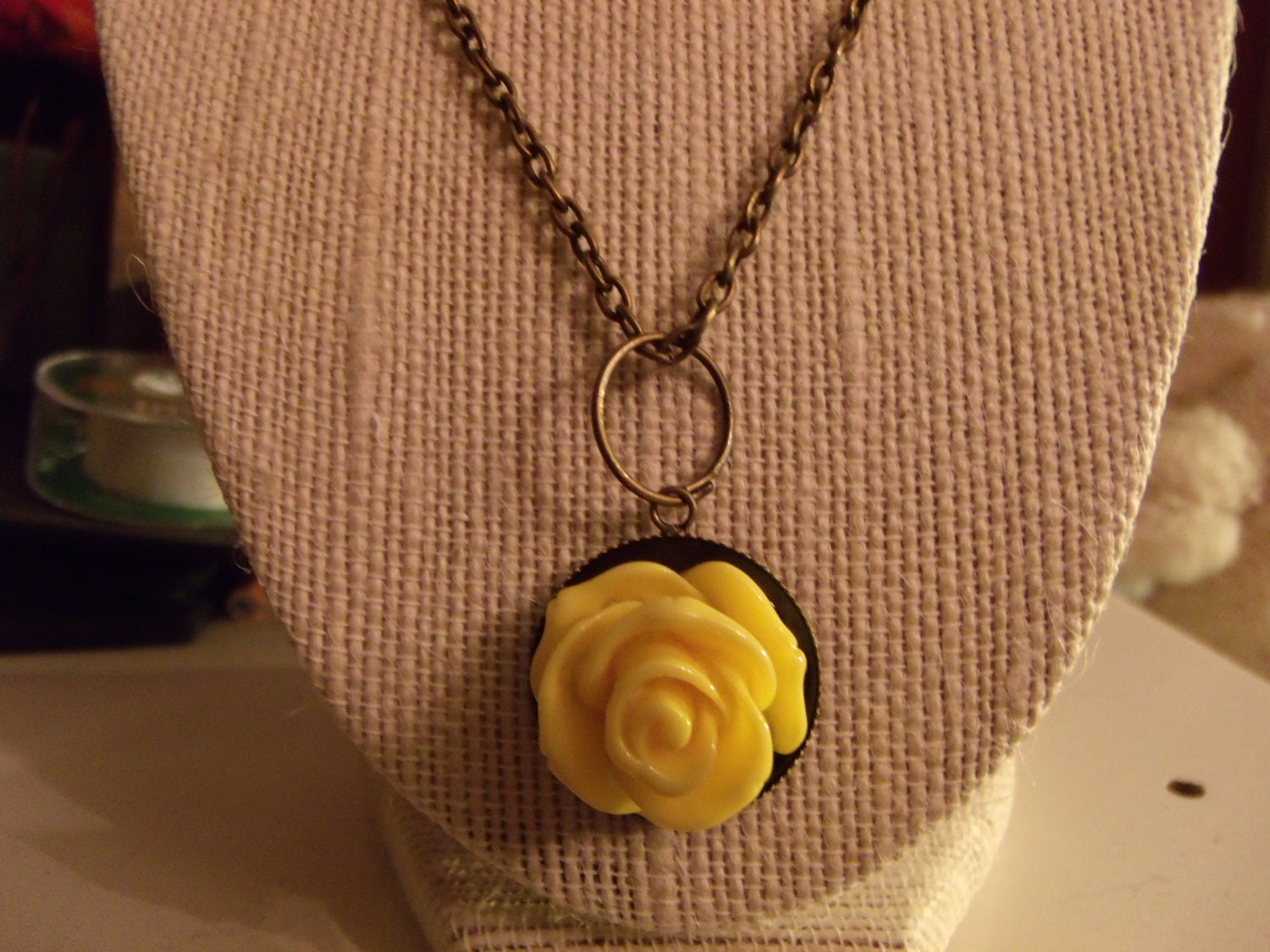 18-inch Vintage Style Brass Necklace with Lovely Yellow Rose Flower Pendant