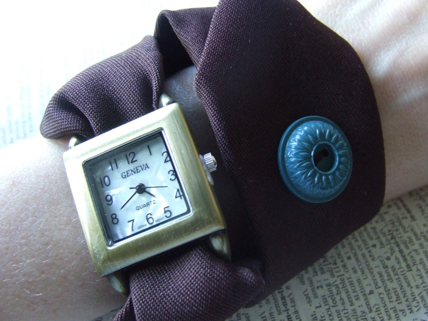 Necktie Watch Wrap in Chocolate Brown with teal button and white pearl face