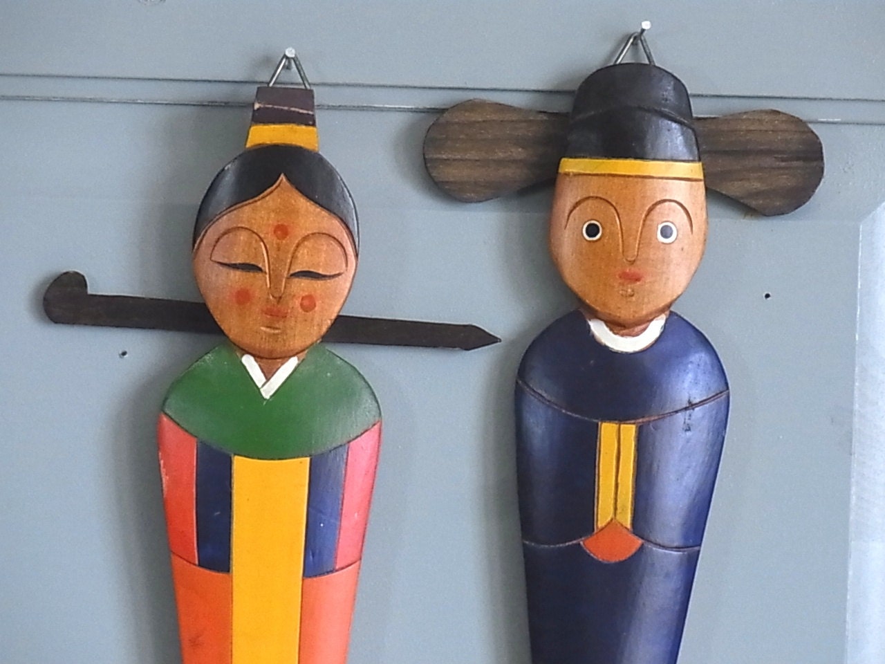 Vintage Japanese Man Woman Kitchen Wall Hanging Wood Fork and Spoon