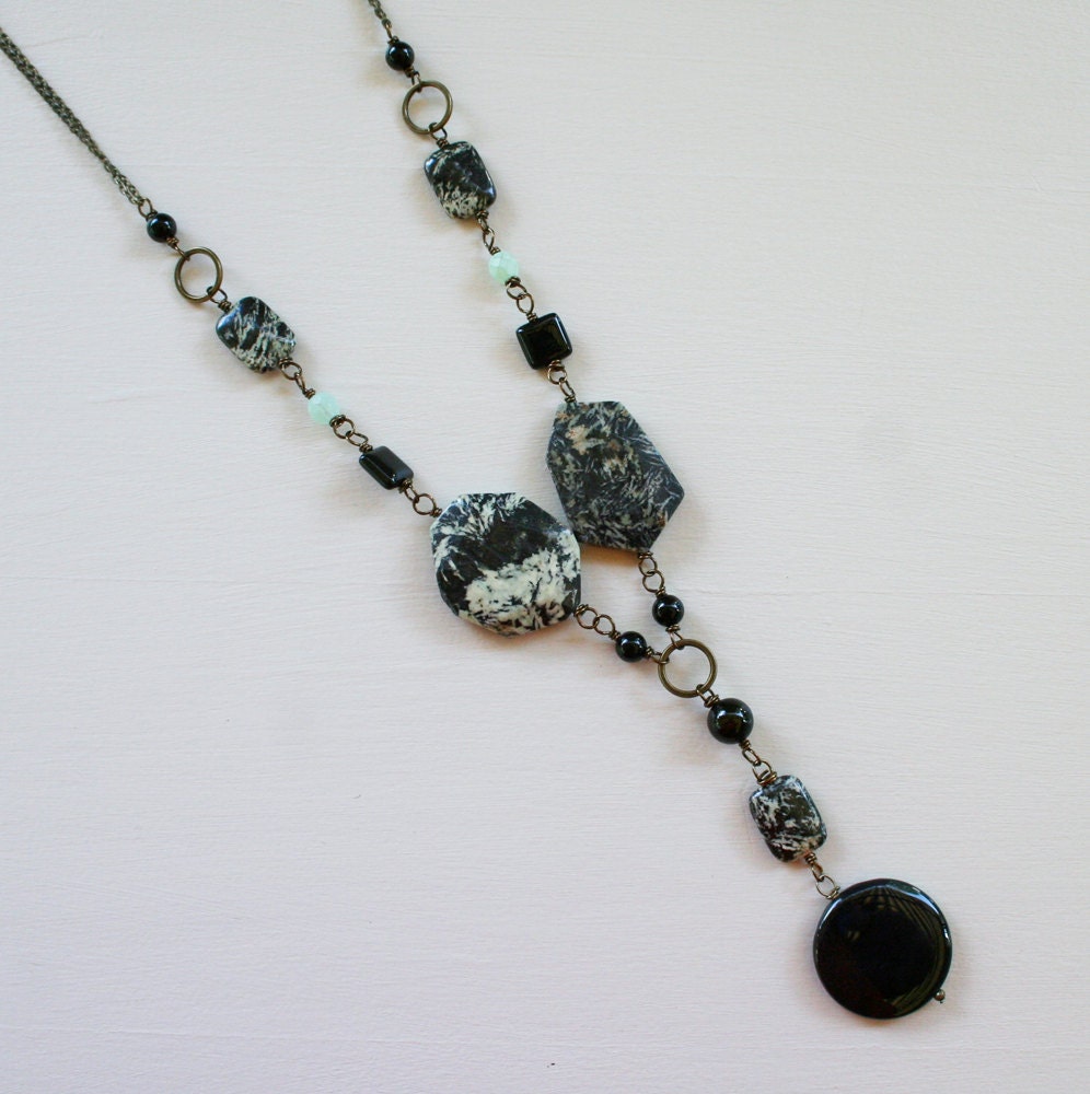 Rothko Necklace - Black Agate, Fireworks Jasper, Mint Green Glass, Antique Brass