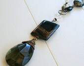 Winter Garden Necklace - Black Agate, Obsidian, Pyrite, Bronzite, Antique Chandelier Crystal