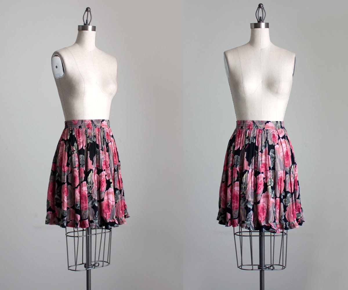 Pink Floral Skirt 1990s Vintage Pink And Black Rose Floral Print Full Ruffle Skirt