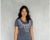 The Medusa - womens t shirt - S/L - lace jellyfish screenprint on American Apparel asphalt gray tshirt - gift for her - SALE