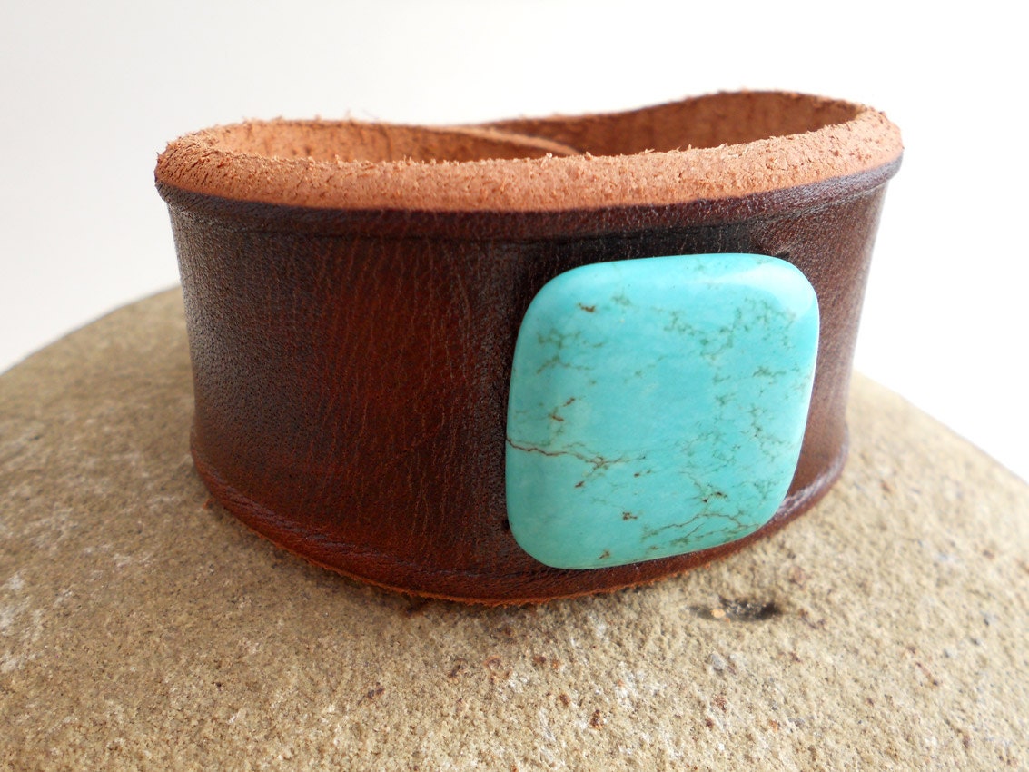 Brown Leather Cuff with Turquoise Colored Howlite Bead