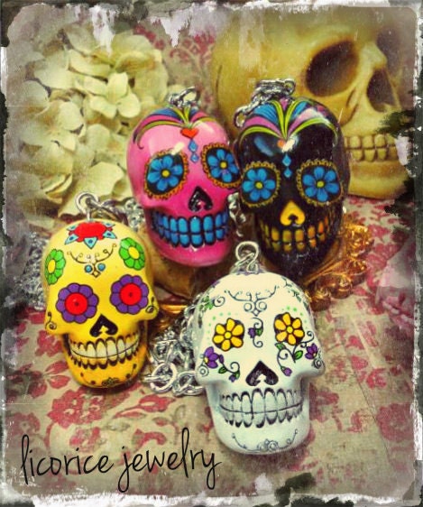 SUGAR Skull Necklace - Pick ONE -Pink White Black Yellow dia de los muertos day of the dead silver skeleton creepy punk scary horror