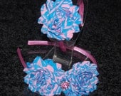 Doll and Child set pink blue swirl / pink covered headband with shabby chiffon flower for 15 to 18 inch dolls like American Girl Doll