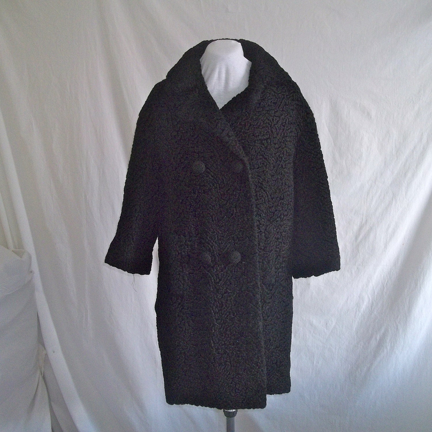 Vintage 1950s Black Women's Winter Coat Faux Curly Lamb Karakul sz L 47 bust