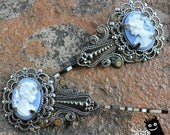 Hammered Victoriana -- silvery bobby pins with blue cameos