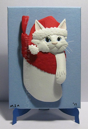 White Kitten in a Stocking Cat ACEO Christmas Mini Paper Sculpture M Ross