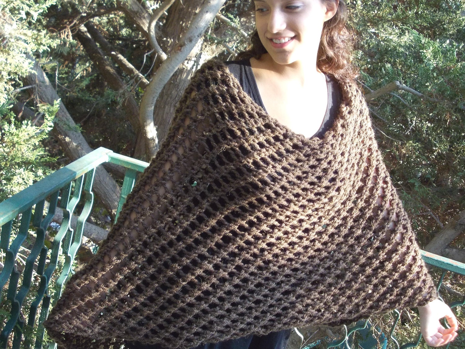 LEGEND knitted poncho wrap for women ethnic wool viscose brown rustic bulky chunky shawl hand knit large long