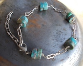 Natural turquoise men's bracelet on oxidized silver chain iron wire genuine gemstone semi precious stone beads unisex adjustable steel