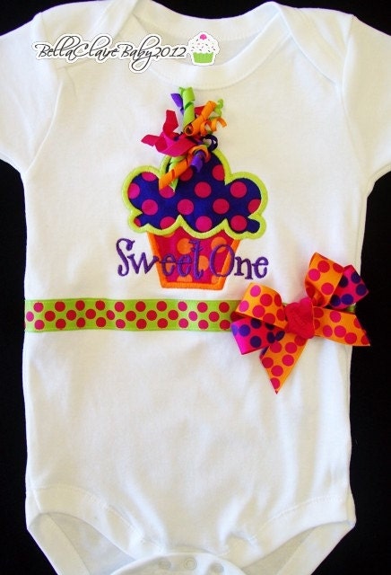 Cupcake bodysuit onesie for baby girls toddler- Cupcake Applique Custom design- Lime Fuschia Tangerine Purple Polka Dot Bows
