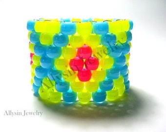 Neon Yellow Kandi Cuff Bracelet, X Pattern, Hot Pink, Baby Blue