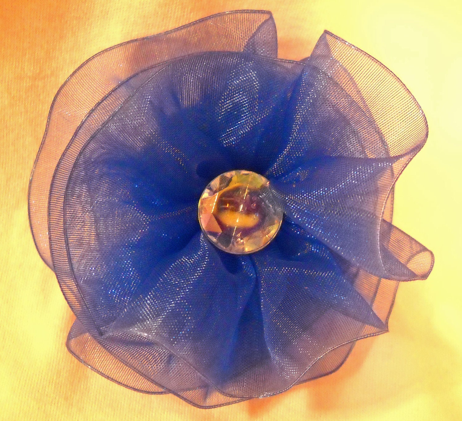 Royal Blue Sheer Flower Hair Clip with Irridescent Crystal Center