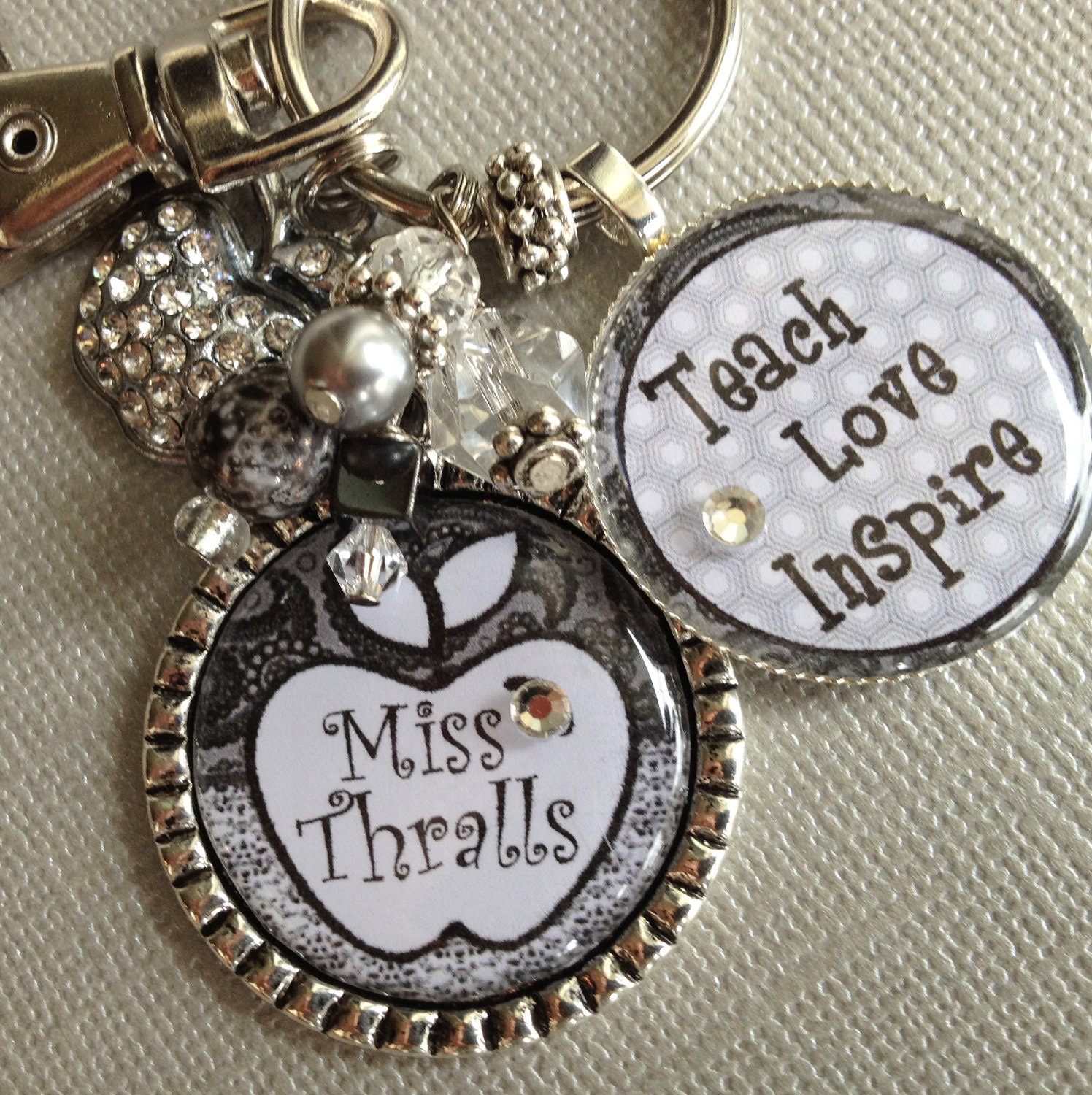 Teach, Love, Inspire teacher gift PERSONALIZED -Valentine gift -Silver Pendant - Special Teacher Charm, apple charm, paisley, damask