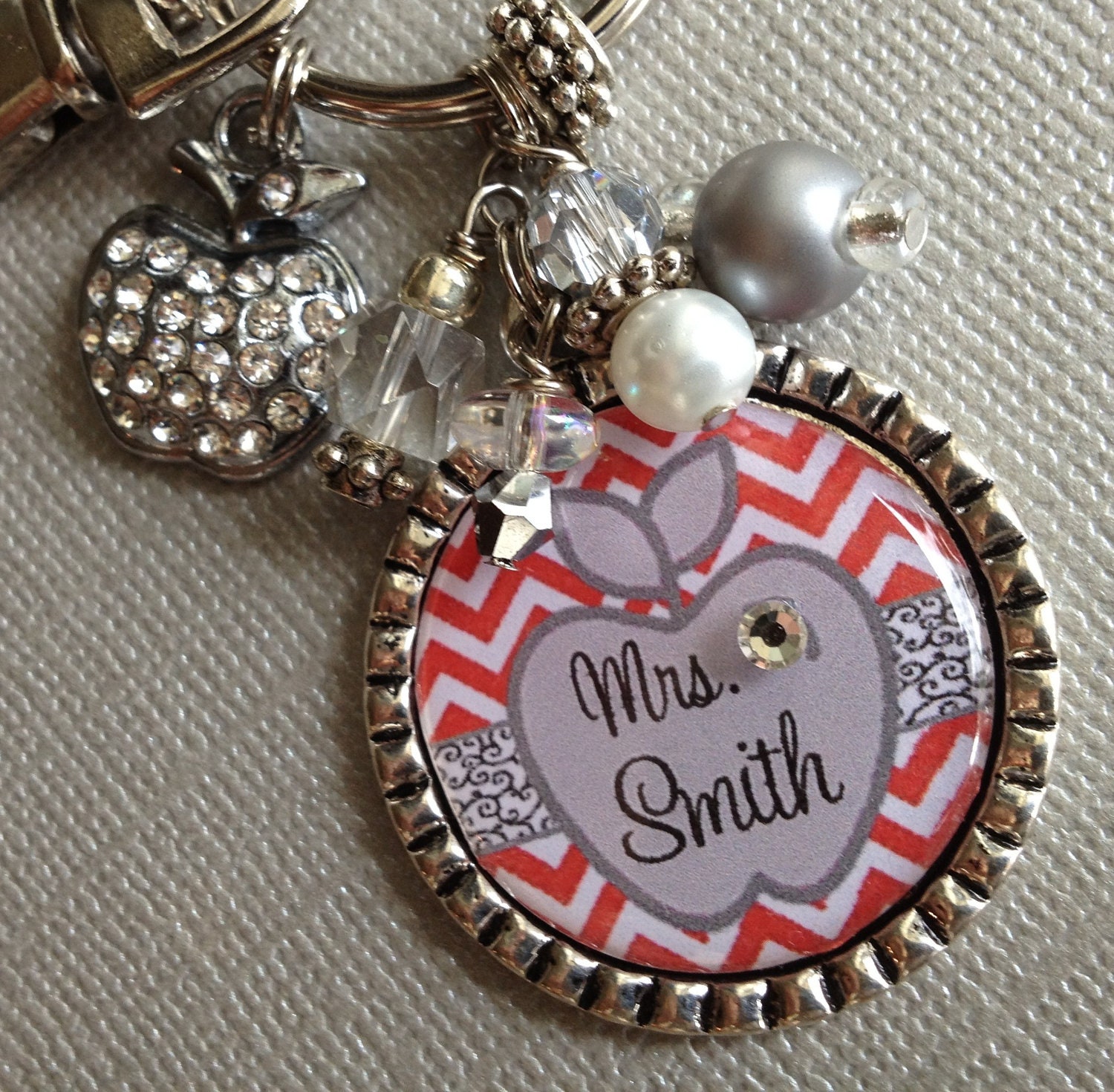 Personalized Teacher Gift Necklace OR keychain - CHEVRON, teacher appreciation, rhinestone apple charm